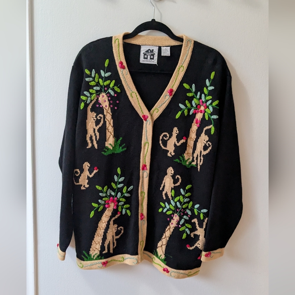 EUC VTG Storybook Knits HSN Monkey&Palm Tree Knit Women's Cardigan SzL